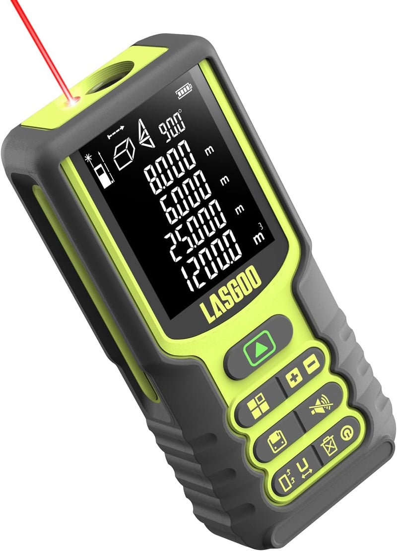 LASGOO Laser Measure, 100m/328ft Laser Measurement Tool, Laser Distance Meter with Angle Sensor, Ft/in/M Units, LCD Backlit Display, Length/Area/Volume/Pythagorean Mode, Battery Included - Image 1